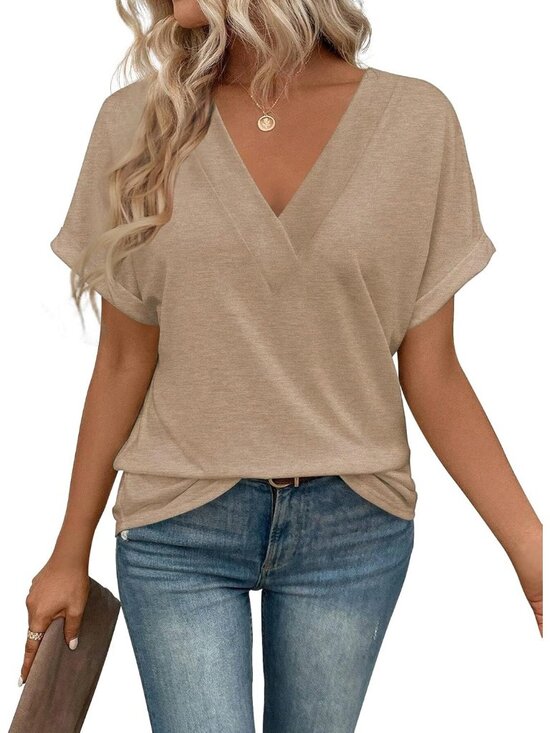Tops - Women's Khaki Summer Short Sleeves V Neck Casual Beach Vacation Fashion Tops